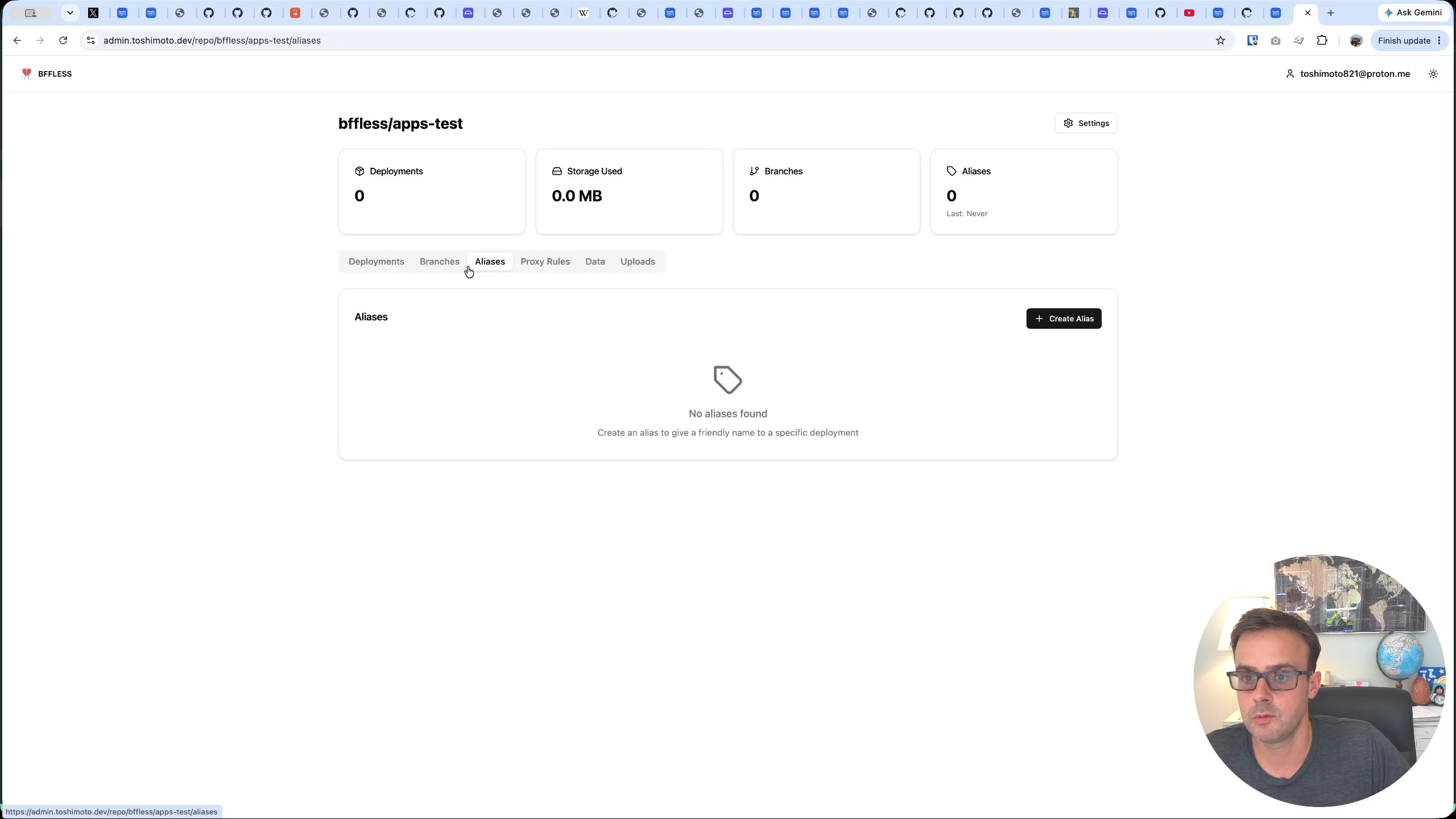The newly created project in BFFless, empty with no deployments