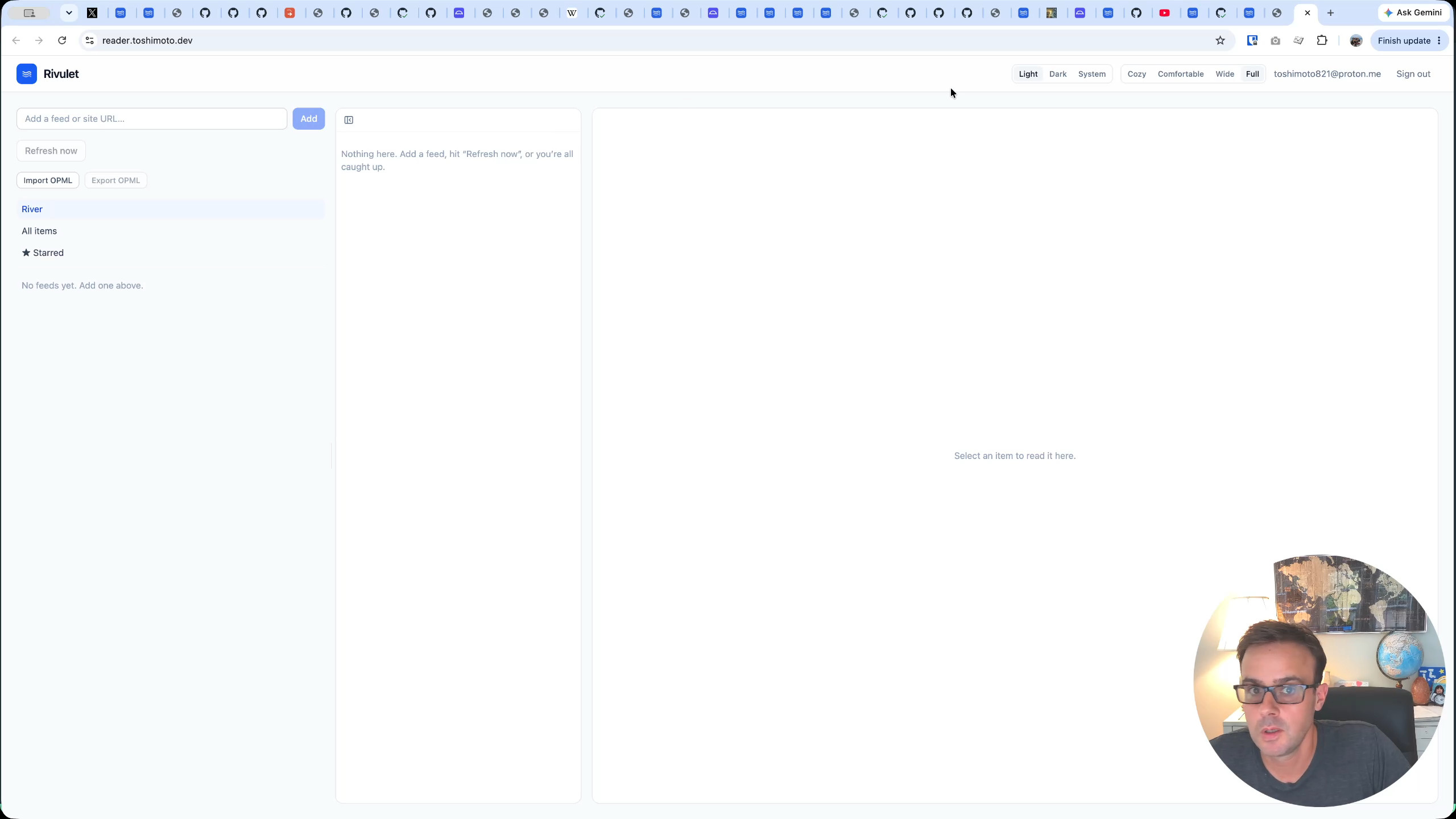 The empty reader dashboard in light mode, ready for feeds