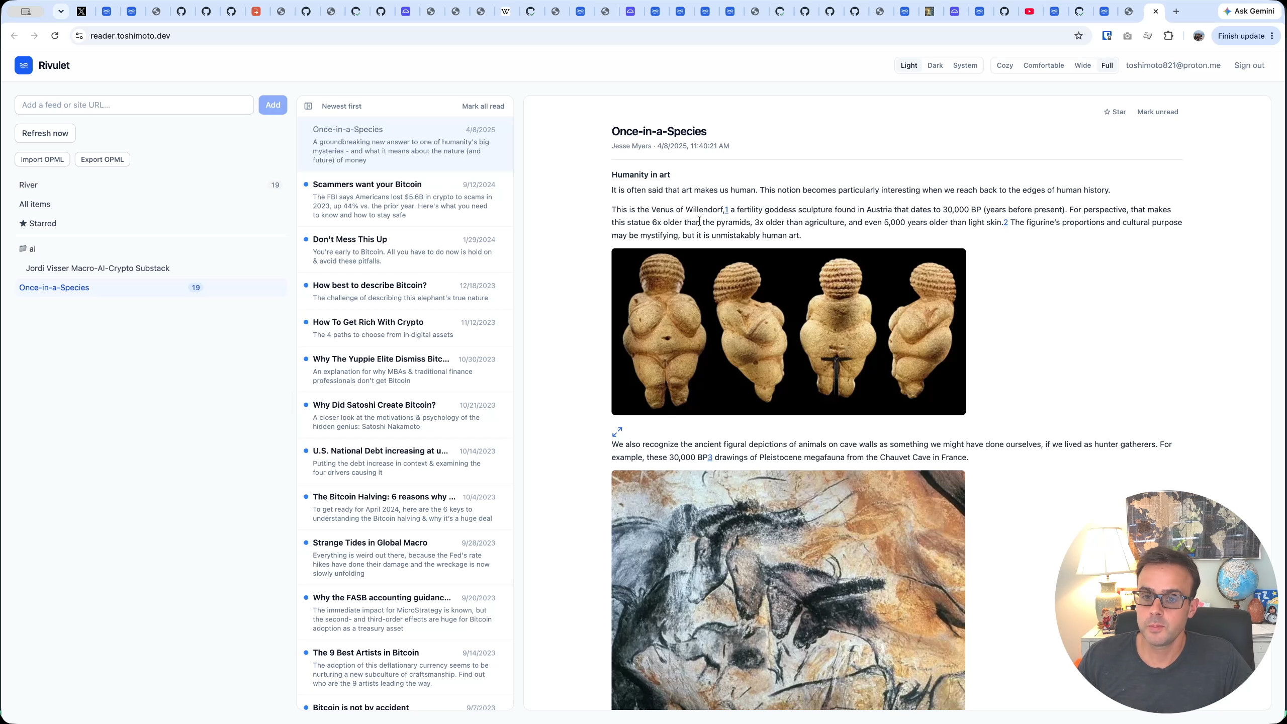 The reader populated with two feeds and their articles listed