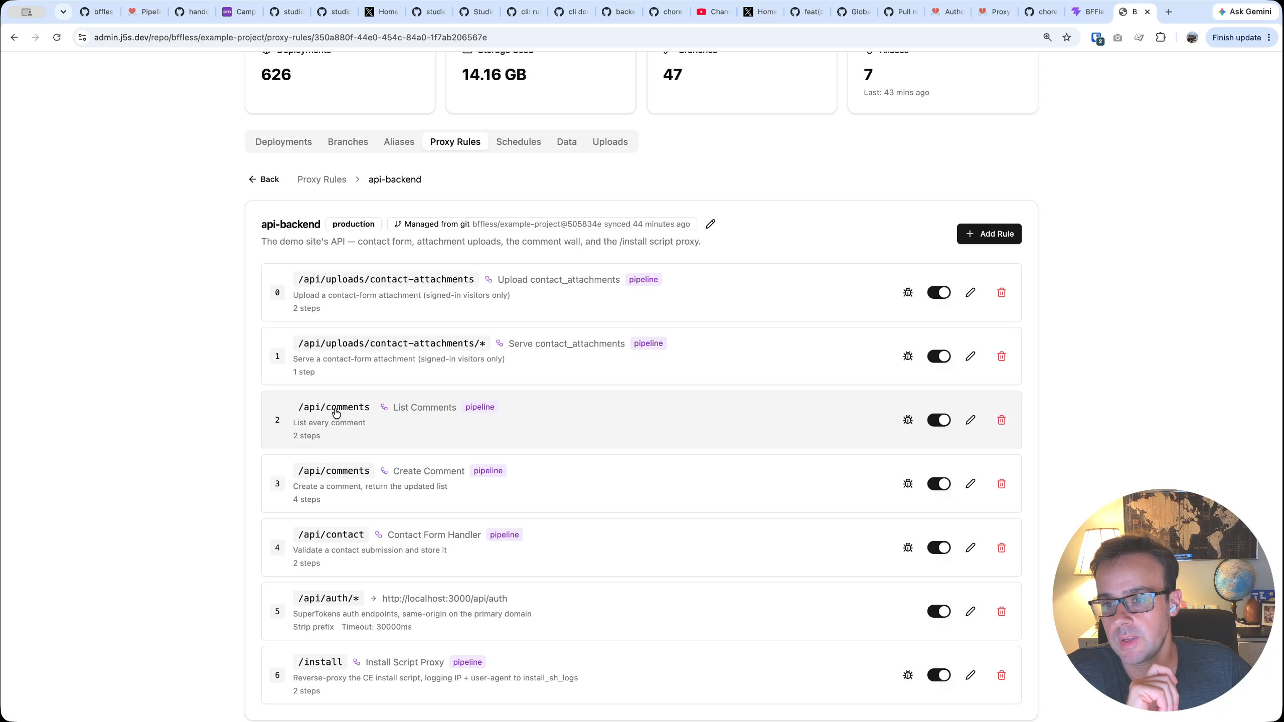 The BFFless dashboard showing proxy rules managed by Git