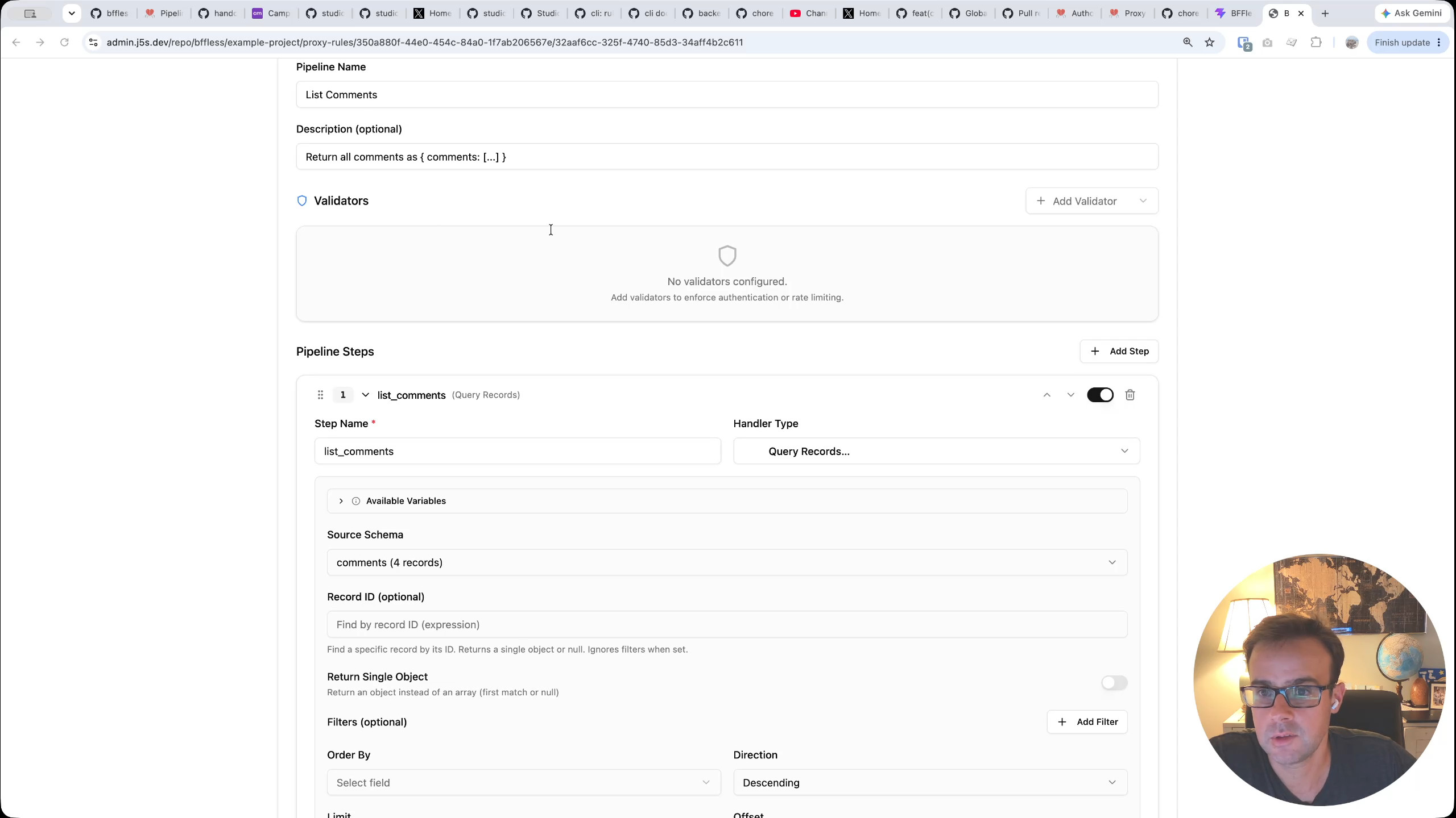 The List Comments pipeline configuration in the BFFless dashboard