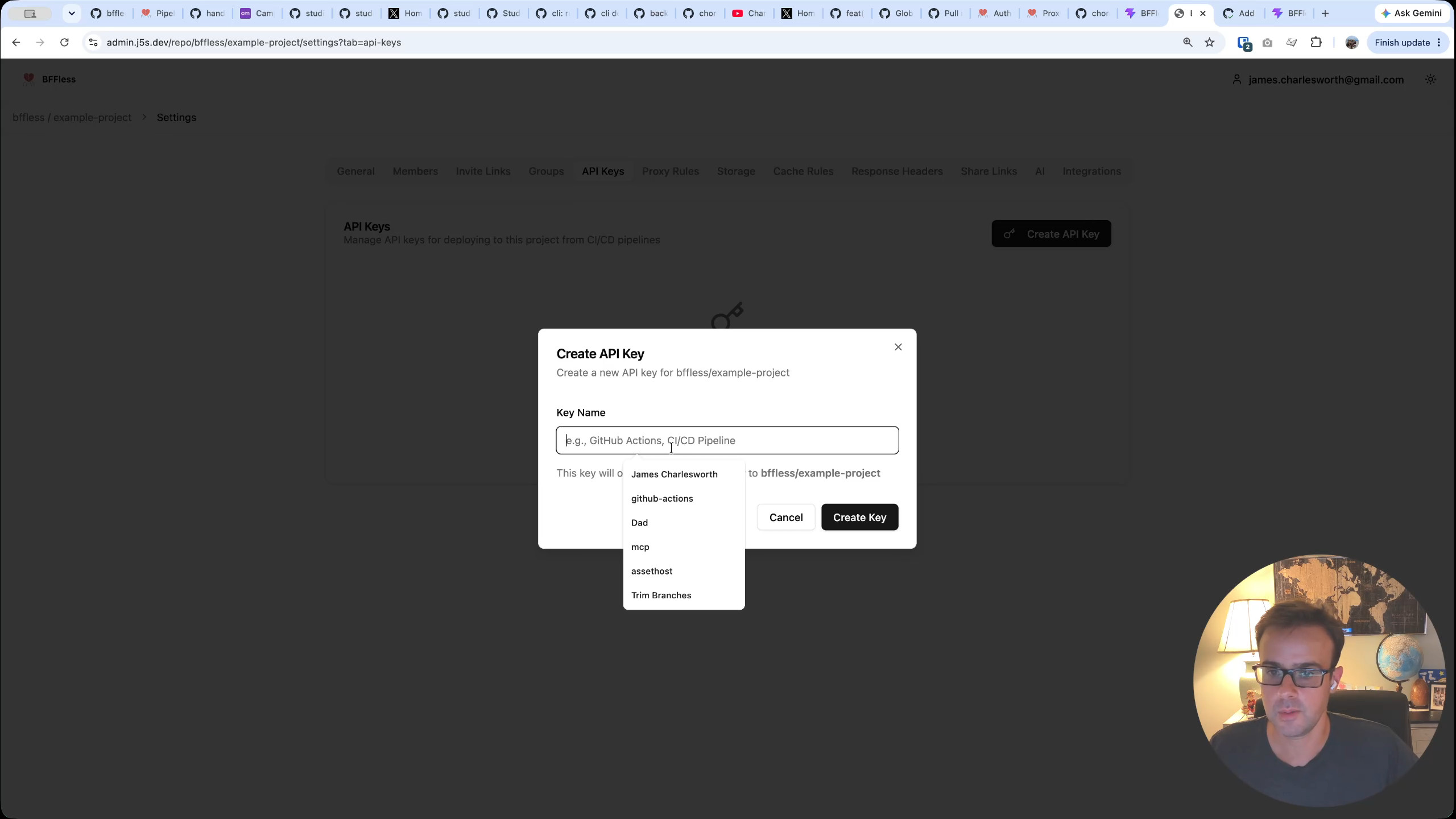 Creating a project API key in the BFFless settings