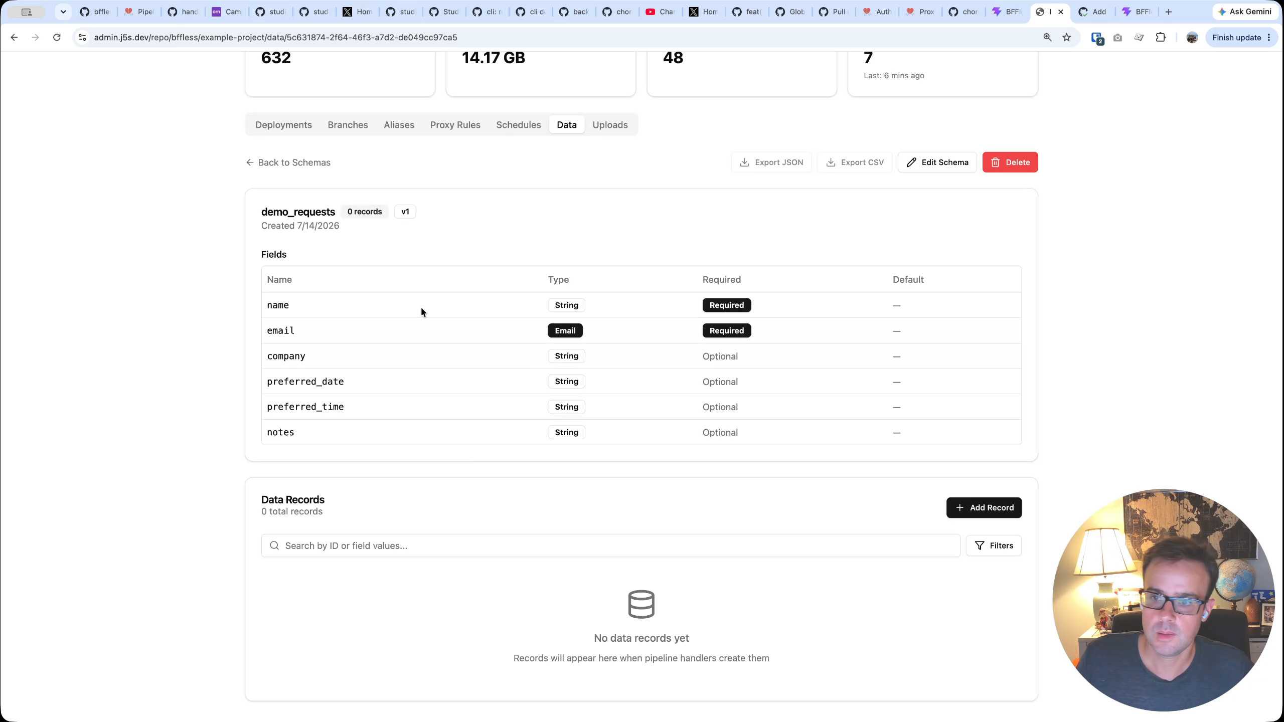 The newly created demo_request schema in the BFFless dashboard