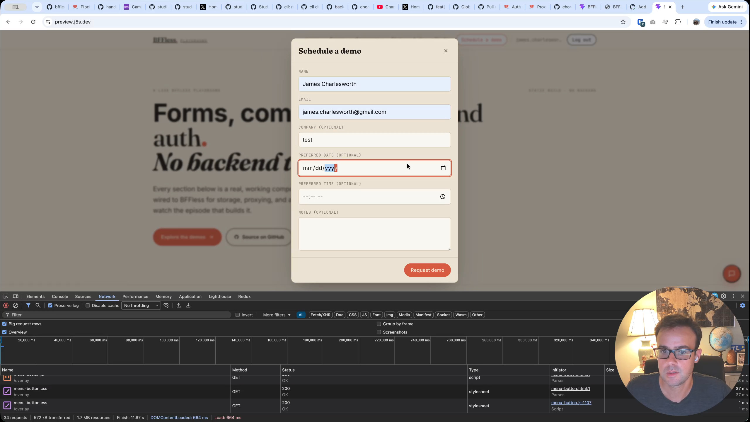 Filling out the Schedule a Demo form on the preview site