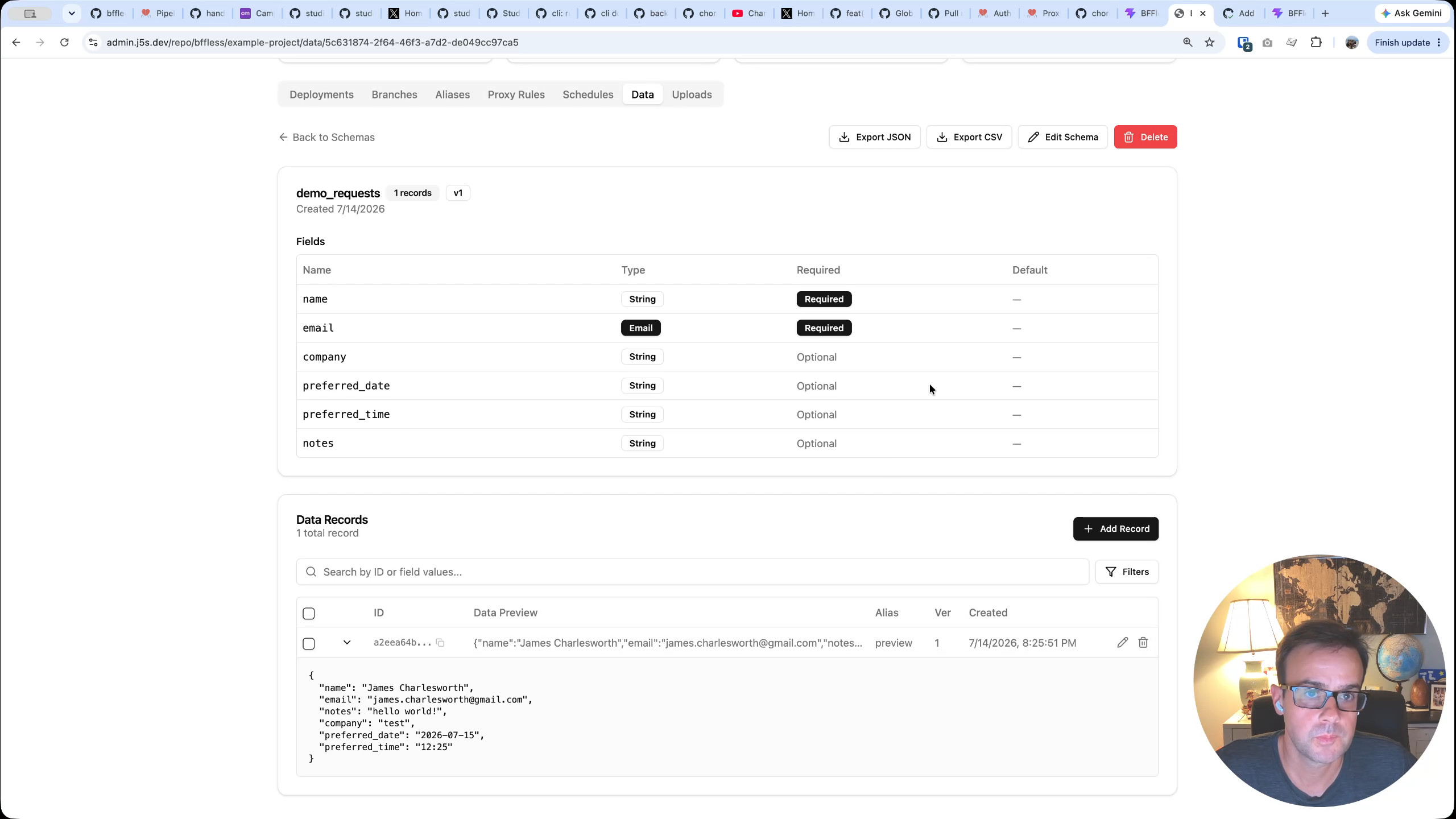 The saved demo request record in the BFFless data viewer